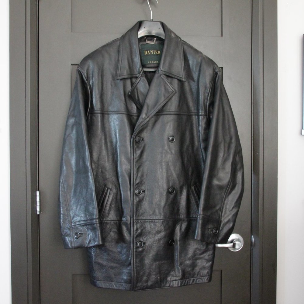 Cuir Danier black double-breastes leather coat, XS